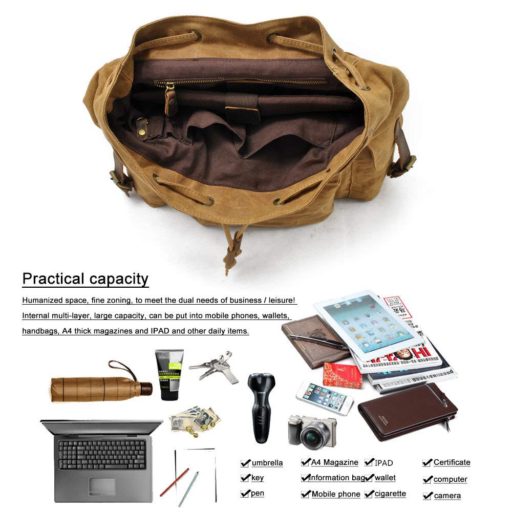 MASII wasserdichte Batik Canvas Herrentasche Mit Leder Rucksack Europa Und Amerika Retro Rucksack Outdoor Reisetasche Mit Großer Kapazität Tasche,Militarygreen