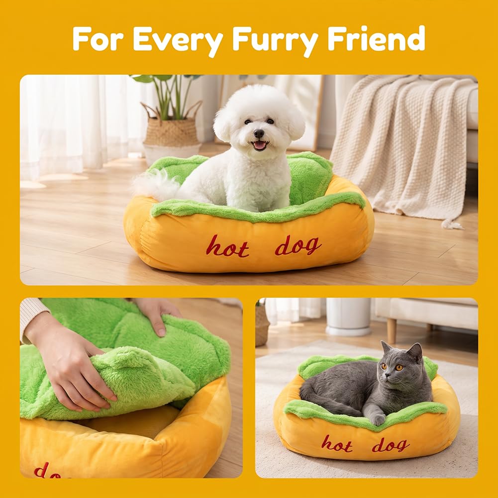 Hot Dog Hundebett, Hot Dog Bett für Dackel, lustiges Hot Dog Neuheit Haustierbett mit abnehmbarem waschbarem Bezug & rutschfester Unterseite, weiches Plüsch-Hotdog-Dutt-Hundebett für Dackel und kleine
