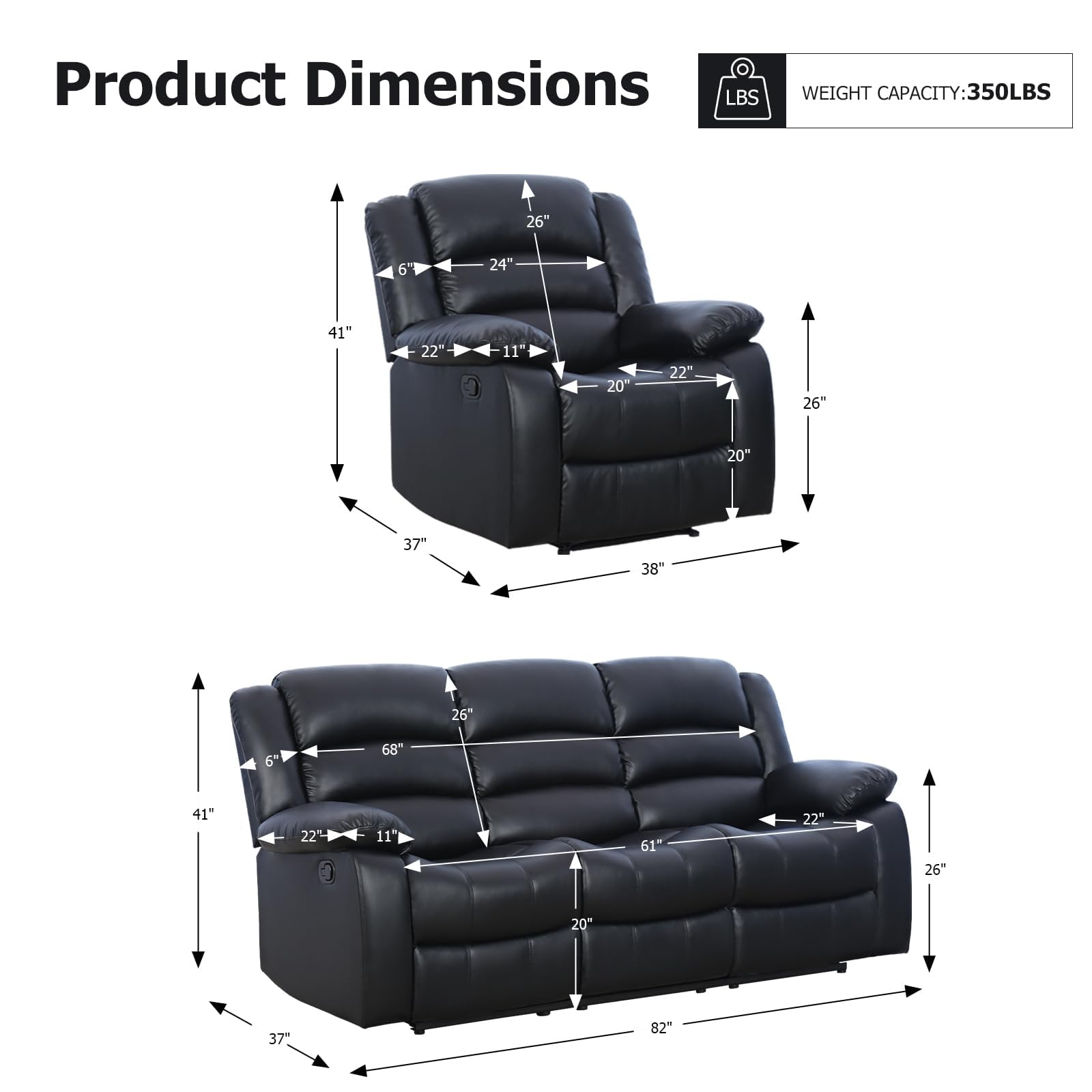 EBELLO Manual Recliner Sofa Set, Faux Leather Reclining Couch Furniture Set for Living Room, Includes 1 Recliner Chair and 2 3-Seater Reclining Couch for Home Theater and Office, Black view 2