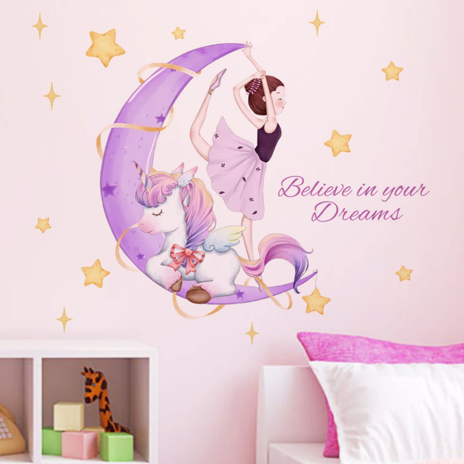 OOTSR Einhörner Mädchen Wandaufkleber, lila Mond Stern Wandabziehbild, inspirierende Zitate Wanddekoration, DIY abnehmbare Vinyl Wandkunst für Mädchen Baby Kinderzimmer Schlafzimmer Spielzimmer