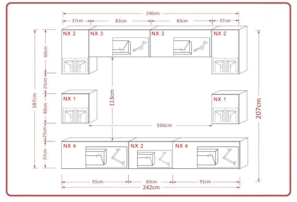 Furnitech Wohnzimmer | LED Weiß Möbel | Hängende Schrankwand Modern mit Regalen und TV-Schrank (Nowara AN1-17W-HG21 1A)