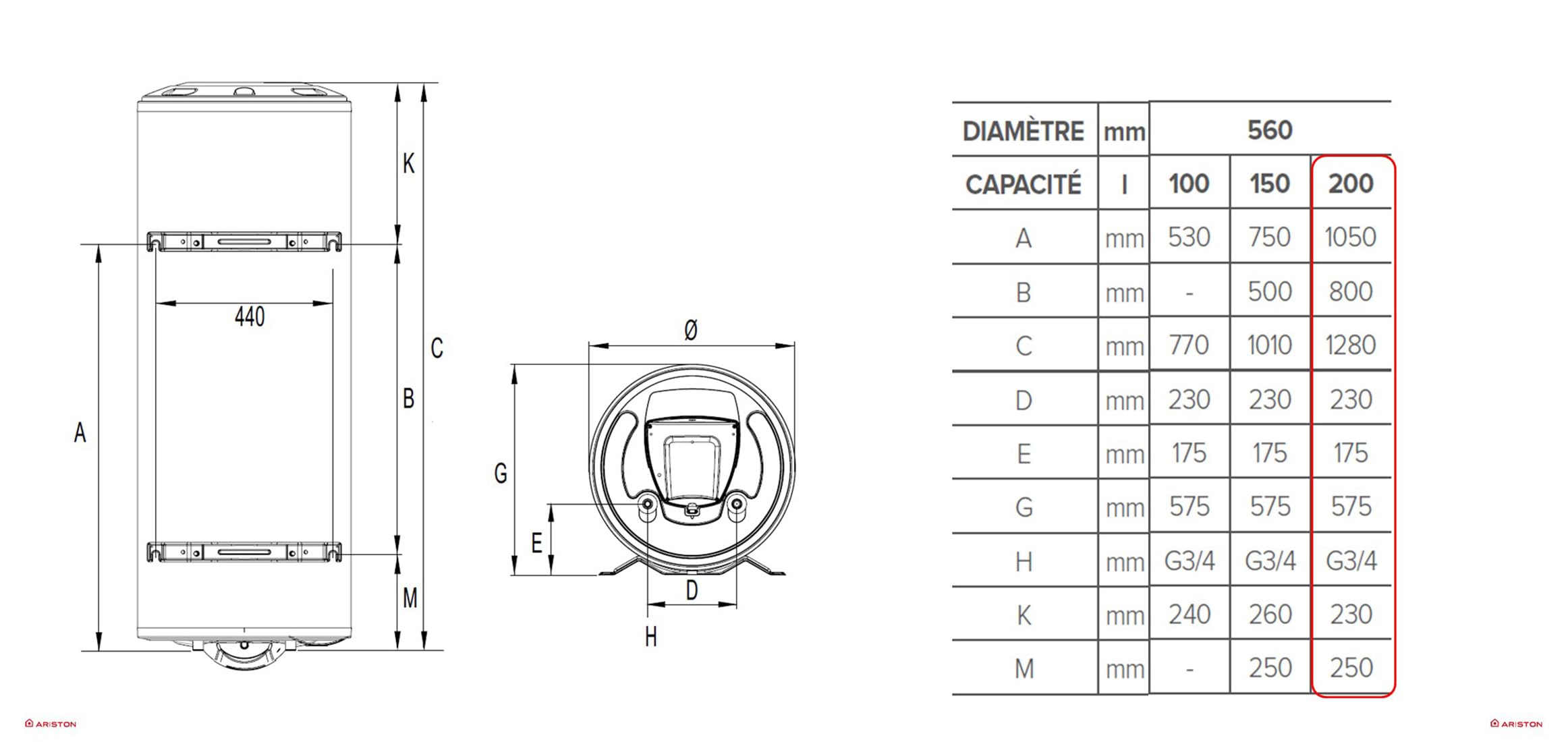 Ariston INITIO 200 L - Chauffe-eau Électrique Vertical Mural 200L - Ø560mm - Résistance Blindée Thermoplongée - NF Performance 2** - Conçu pour être installé en France