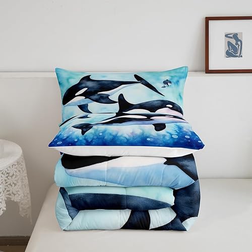 Miniatura 5 de Juego de edredón Queen de orcas y orcas de orcas y medusas del mundo submarino, para niños y niñas, animales marinos profundos, vida marina, 3