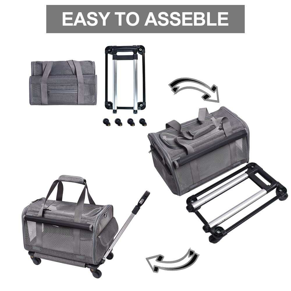 GJEASE Airline Approved Pet Carrier with Wheels for Small Pets up to 18 Pounds,Pet Rolling Carrier with Durable Handle and Flexible Wheels,Breathable Durable Mesh Panels