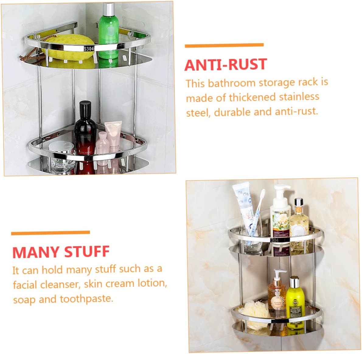 Double Layer Stainless Steel Corner Shelf Bathroom Storage Rack Design for Space Saving Organization Modern Minimalist Style for Tidy Countertops
