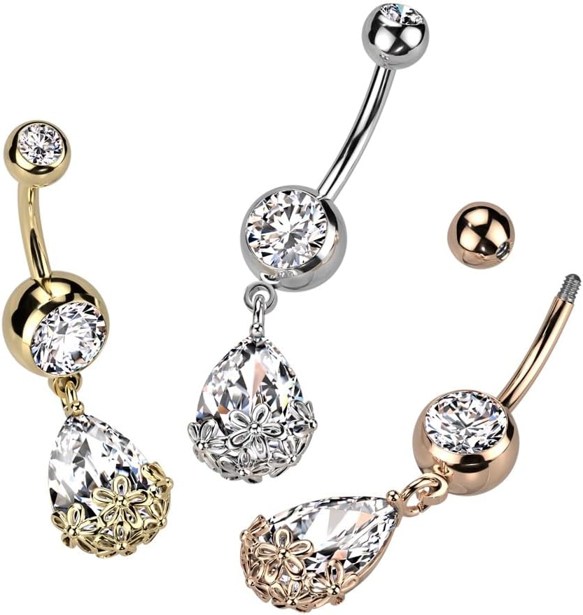Pierced Owl 14GA Stainless Steel Floral Dangling Pear Shaped CZ Crystal Belly Button Ring - Image 3