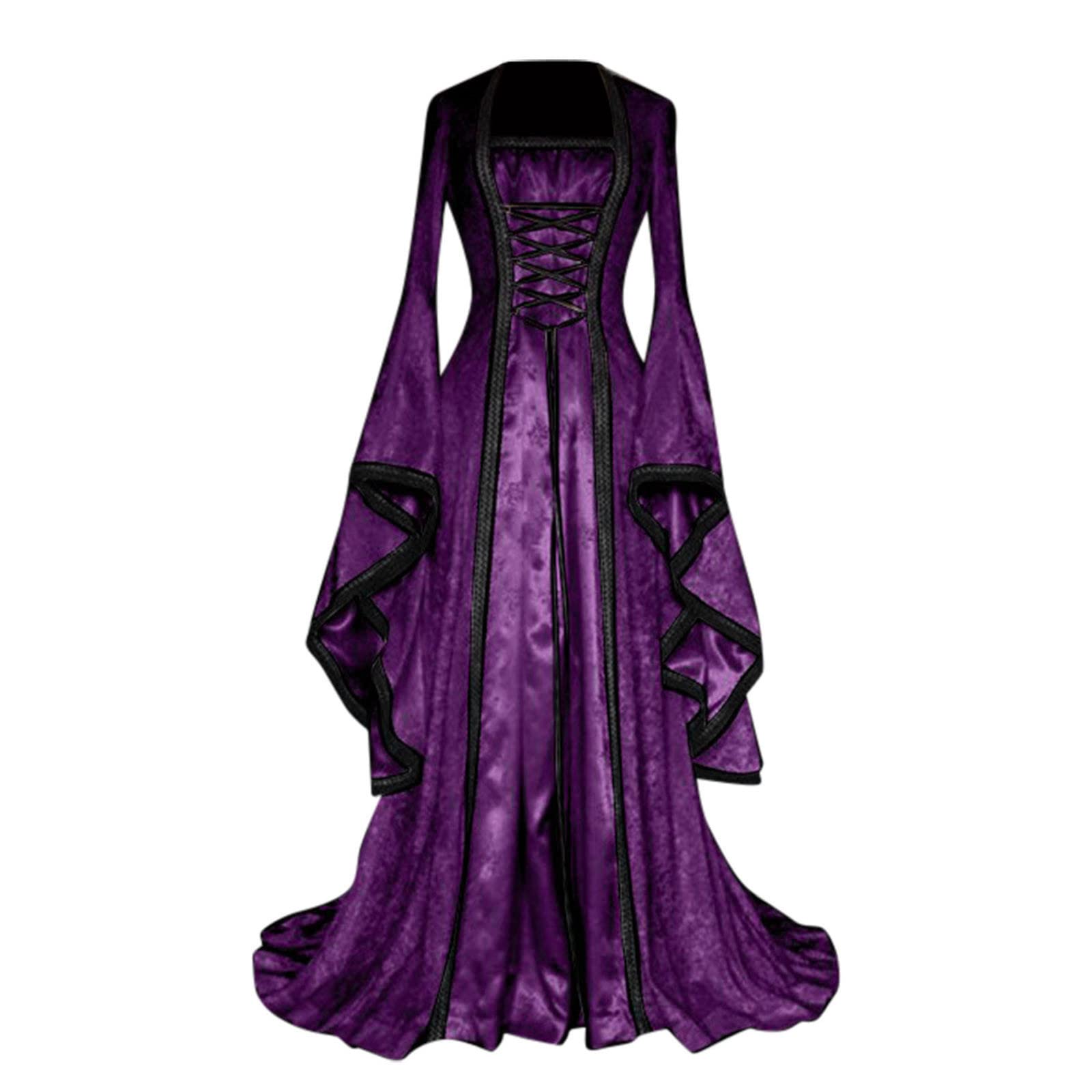 Khawla Women's Dress Retro Style Solid Color Trumpet Sleeve Long Princess Dress Medieval Costume (Purple, S)