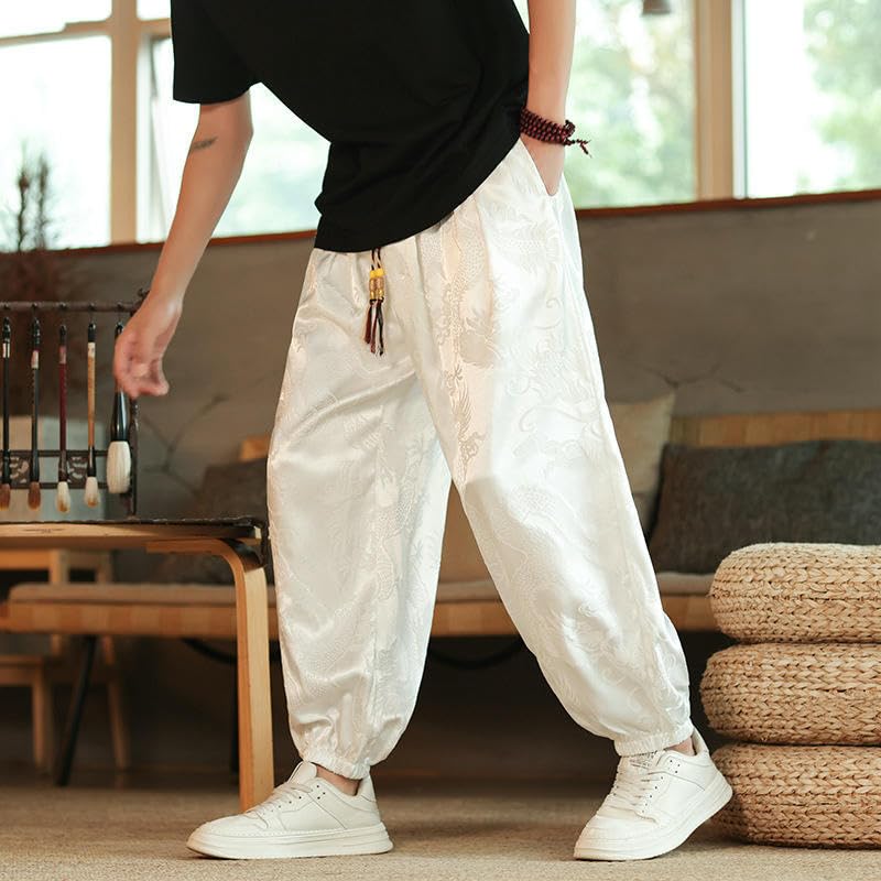 Pantalon motif dragon coupe ample style chinois léger décontracté