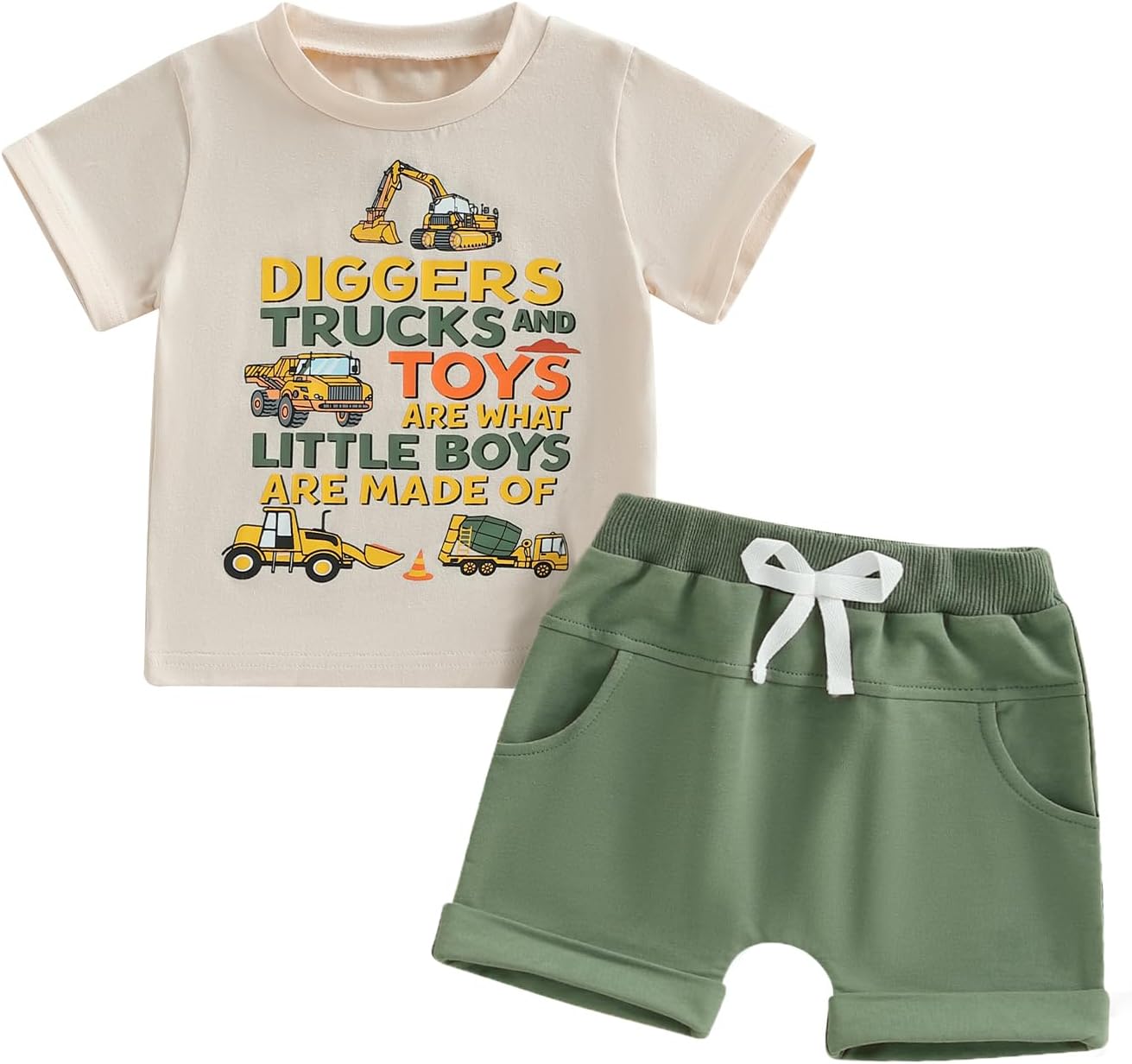 Toddler Baby Boy Clothes Summer Short Sleeve Trucks Tractors Print T-Shirt Tops Solid Color Shorts Set Casual Outfit