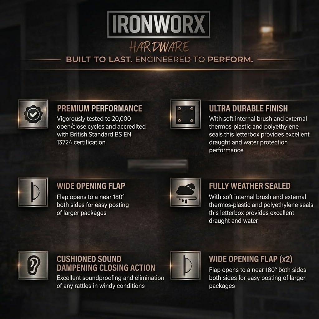 IRONWORX® Enigma Boîte aux lettres en métal chromé poli de 30,5 cm – Entièrement étanche aux intempéries, ouverture à 180°, facile à installer, design moderne ultra durable, compatible avec portes en