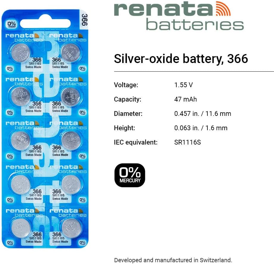 Renata 366 SR1116SW Batteries - 1.55V Silver Oxide 366 Watch Battery (10 Count)