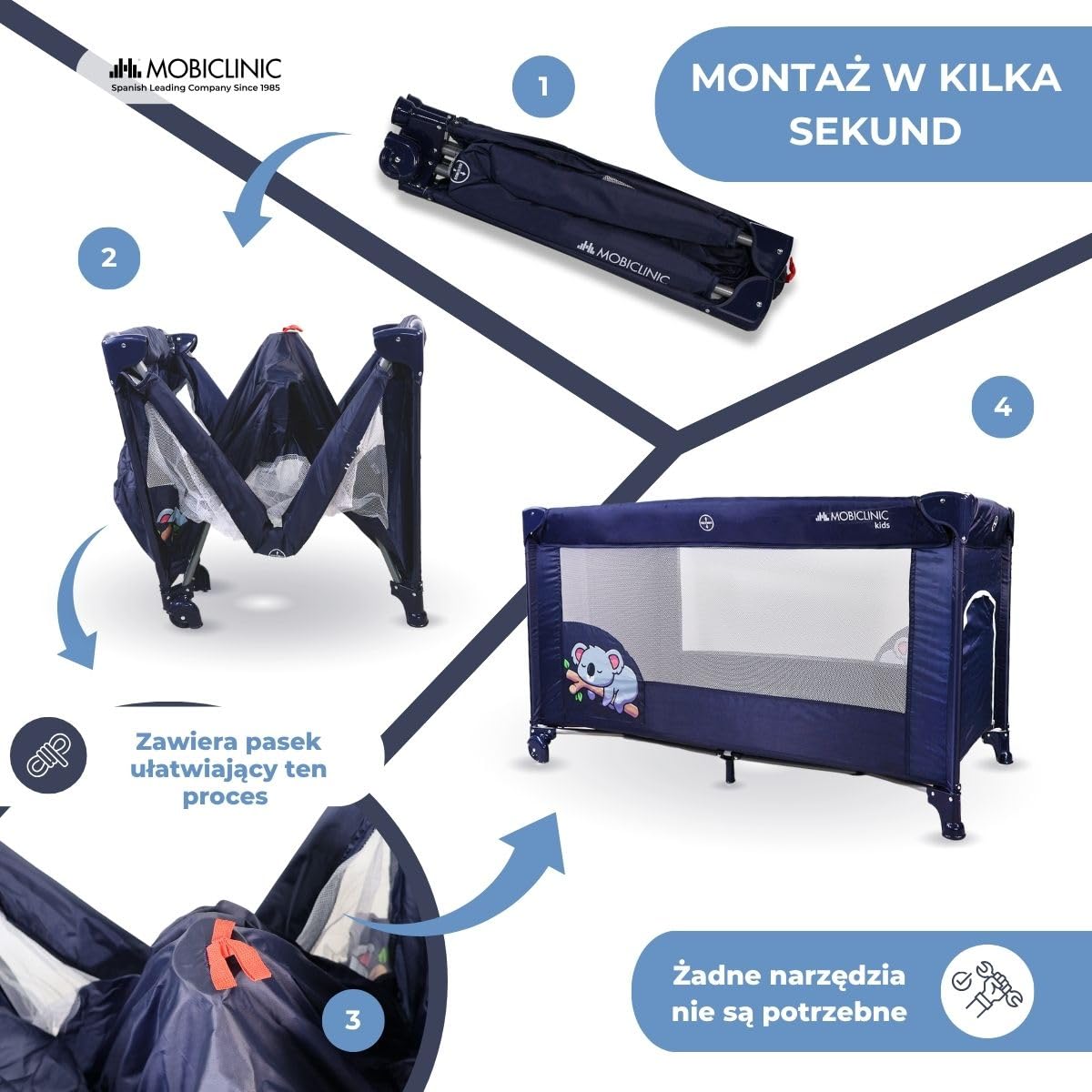 Mobiclinic®, Łóżeczko turystyczne, 2 w 1, Ultrakompaktowe składanie, Wyjmowany materac, Mofli, Do 15 kg, Oddychająca tkanina, Kojec dla dziecka, Kółka (ciemnoniebieski)