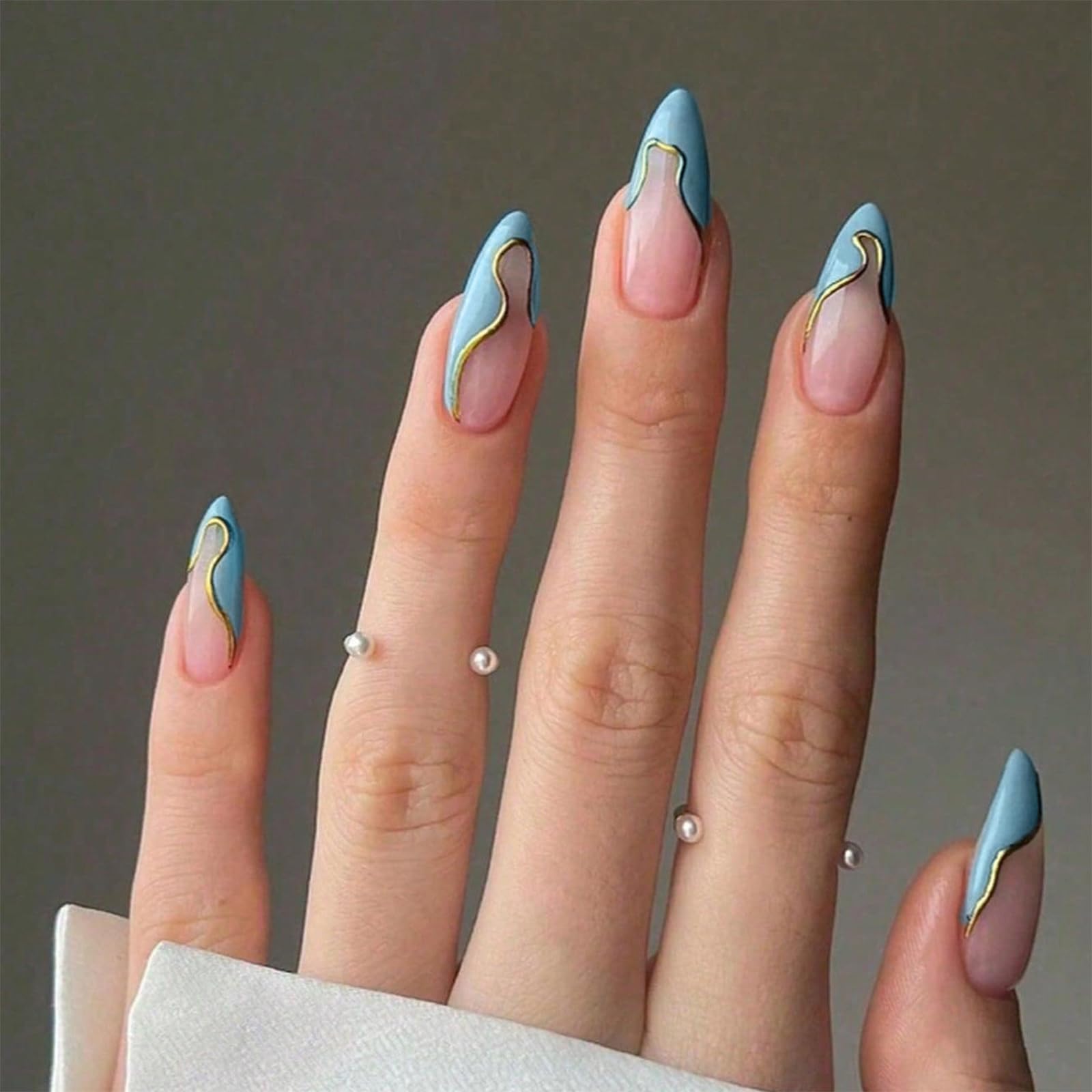 24 Press On Nails, Blue Ripple Design with Gold Edge, Stick On Nails for Women, Artificial Nails Extensions Kit for Weddings, Parties, Everyday Fashion-image-1
