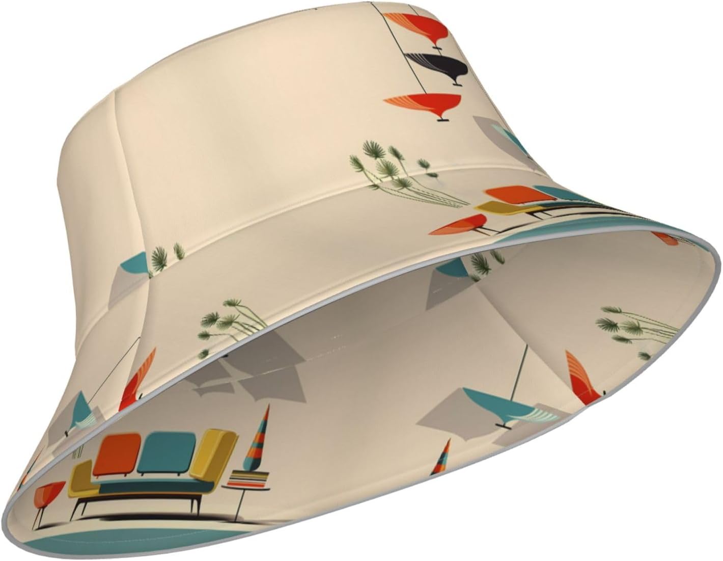 (Mid Century Modern Prints) Reflective Reversible Bucket Hat Foldable Breathable Stylish Two-Way Wear for Outdoor Travel Daily Activities Black