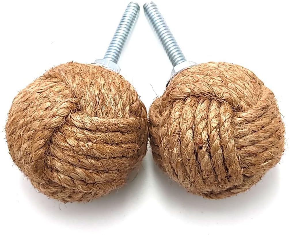 VK Set of 6 Jute Rope Drawer Pull Handles | Handmade Rustic Cabinet Door Knobs | Vintage Farmhouse Furniture Handle for Drawer, Cupboard & Wardrobe