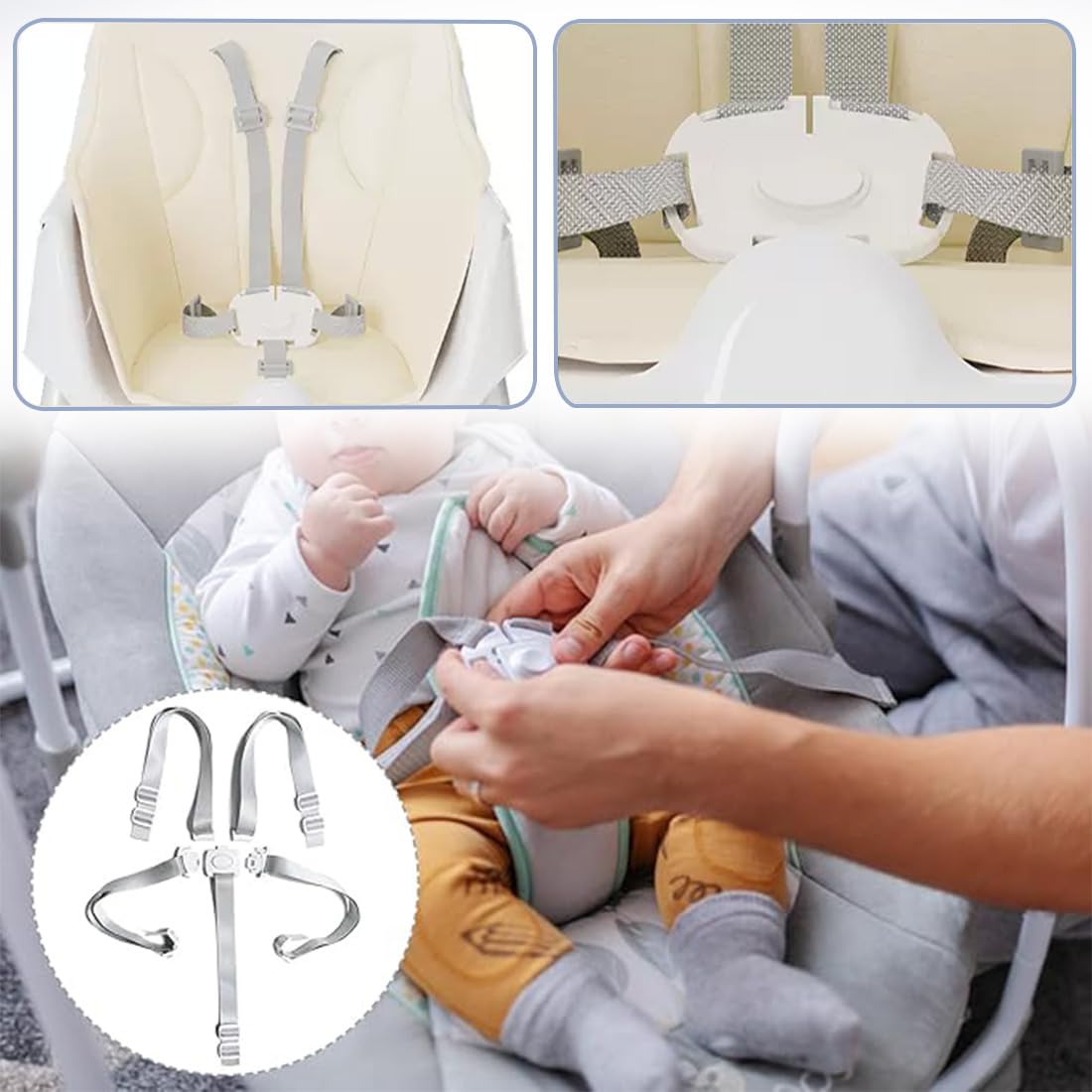 1 Pcs Cinture Universali per Seggiolone Cinghie per Seggiolone a 5 Punti, Regolabile Cintura di Sicurezza per Bambini per Seggiolino Cinghie Passeggini,cinghie seggiolone,Con tampone (Grigio)