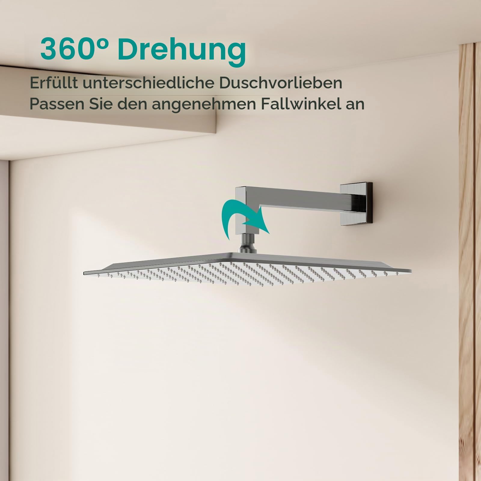 Quadratischer Regenduschkopf, hoher Durchfluss, Edelstahl, funktioniert mit jedem dekorativen Stil, Regenduschkopf aus Metall (gebürstetes Nickel, 16)