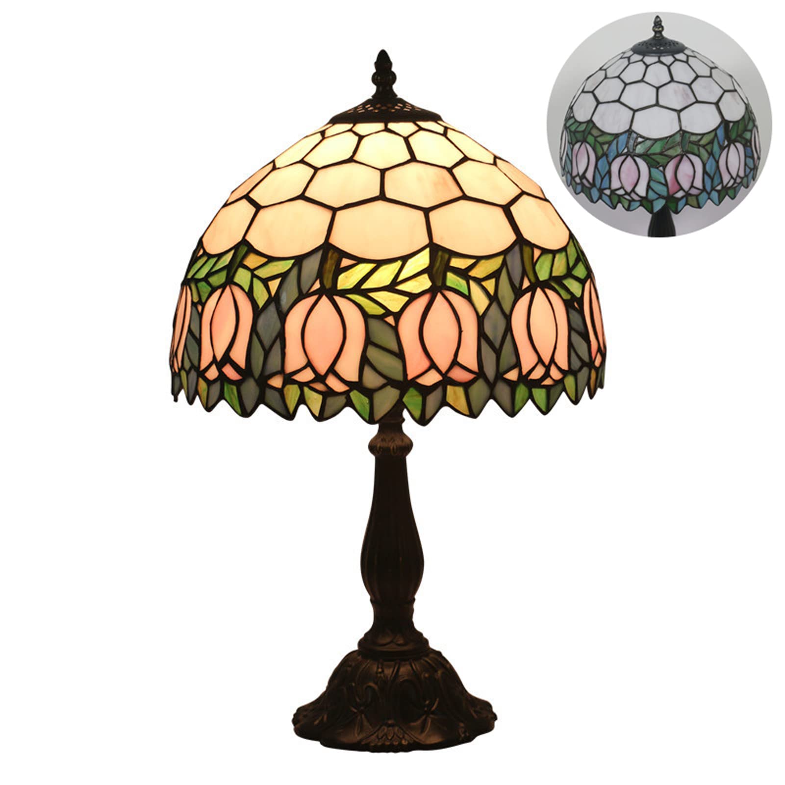 Uziqueif Vintage Tiffany Style Table Lamps - W12 H19 inch Rose/tulips/sunflowers Stained Glass lampshade for Living Room, Bedside, Bedroom, Lounge, Hotel, E27 Reading Desk Light, Night Light,Tulip A