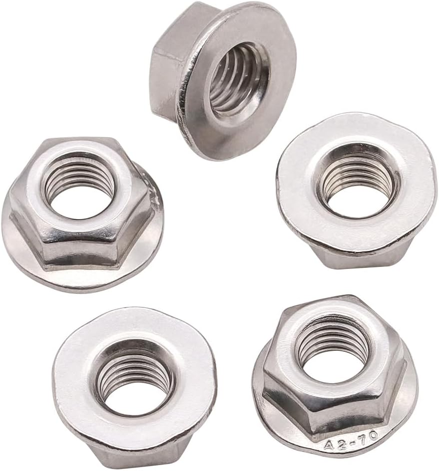 (50 PCS) M6-1.0 Hexagon Flange Nuts with Non-Serrated Flange Washer Head, 304 Stainless Steel, Hex Drive, Full Thread