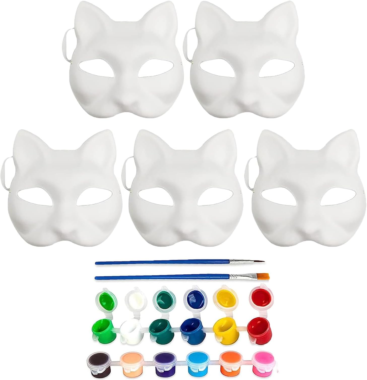 DIY Blank Fox Cat Masks, 5 Pack Unpainted Pure White Graffiti Face Masks Fox Cat White Paper Mask with Paints Brushes for Kids Decorating Craft School Party Favors Halloween Cosplay Party
