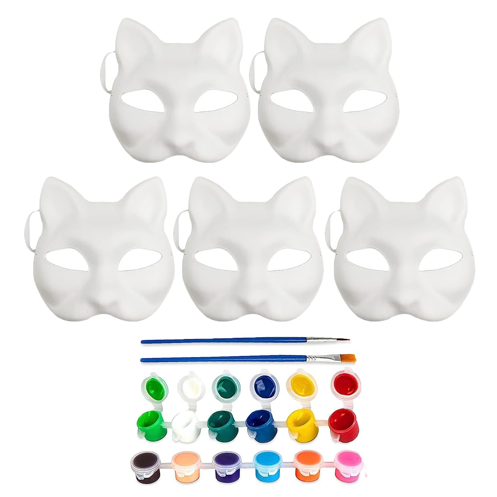 DIY Blank Fox Cat Masks, 5 Pack Unpainted Pure White Graffiti Face Masks Fox Cat White Paper Mask with Paints Brushes for Kids Decorating Craft School Party Favors Halloween Cosplay Party
