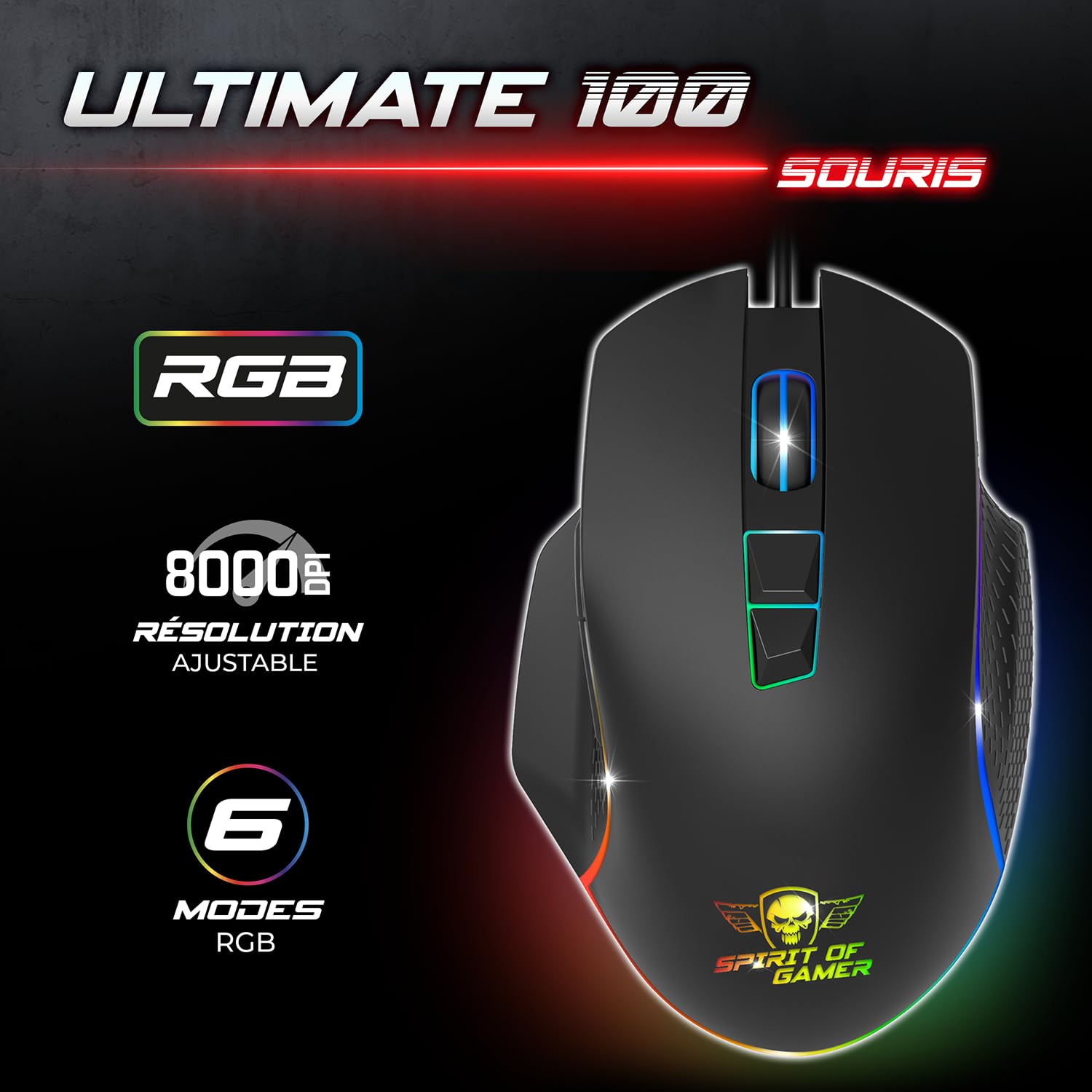 Spirit of Gamer - Ultimate 100, Pack Clavier Souris Gamer 4en1 Filaire RGB, Casque Gaming & Tapis en Tissu, Clavier Semi-Mécanique AZERTY FR, 6 Touches Anti-Ghosting, Souris Gamer 7 Boutons 8000 DPI