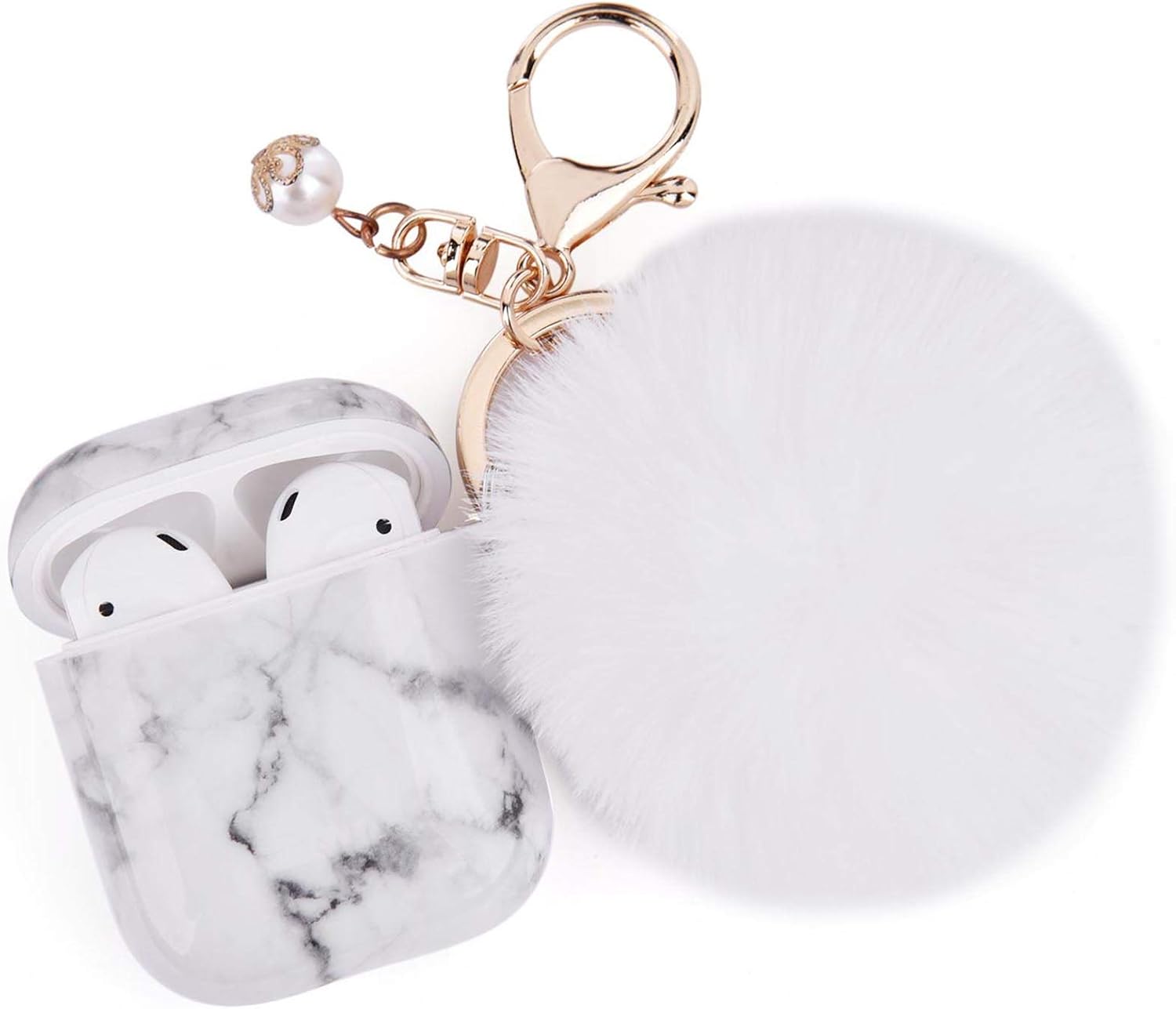 Airpods Case for Women Girls, CAGOS Airpod Case Cute with Pompom Fur Ball, Compatible with Apple Air Pods 2 Gen 1 Case, Marble Cover (White/Gray)