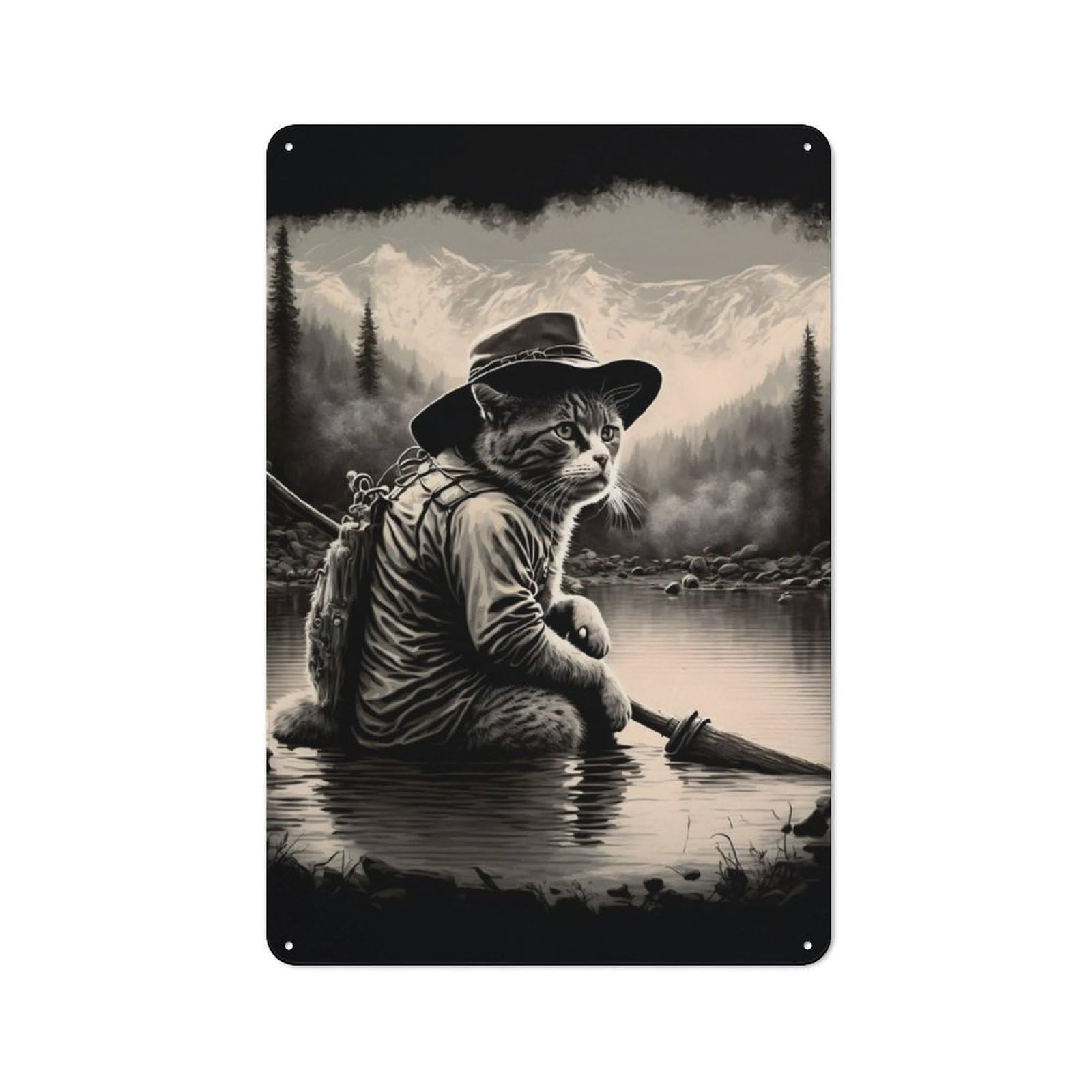 Junmoney Cat In A Lake Fishing Retro Metal Plaque 30X20cm For Lounge Or Reading Corner, Suited To Lounge Decor Fans