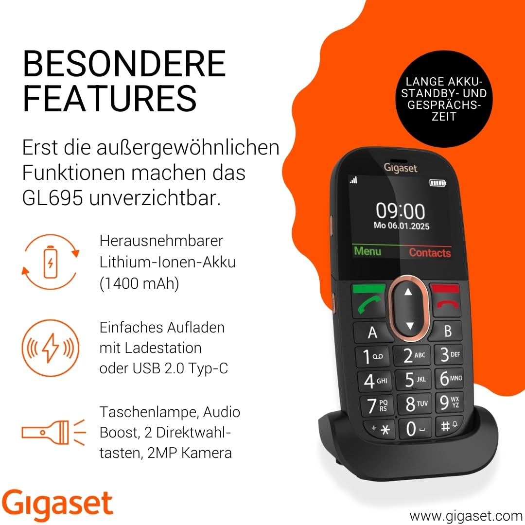 Gigaset GL695 Senioren-Handy, 4G Volte, 2,31-Zoll-IPS-Display, Schwarz