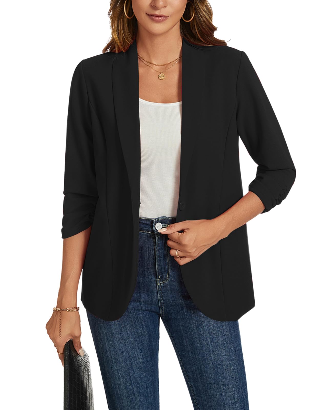 MINTLIMIT Blazers for Women 3 4 Ruched Sleeve Shawl Collar Open Front Business Jacket Blazer Work Office Blazers
