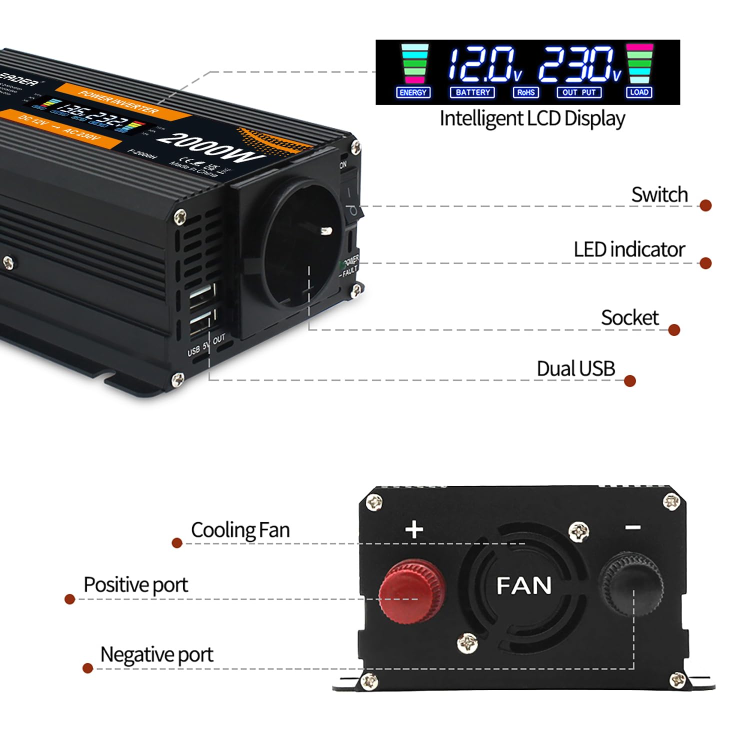 Yinleader inverter 12v 220v Onda sinusoidale modificata Convertitore 900W 2000W trasformatore di tensione LCD USB - Nero