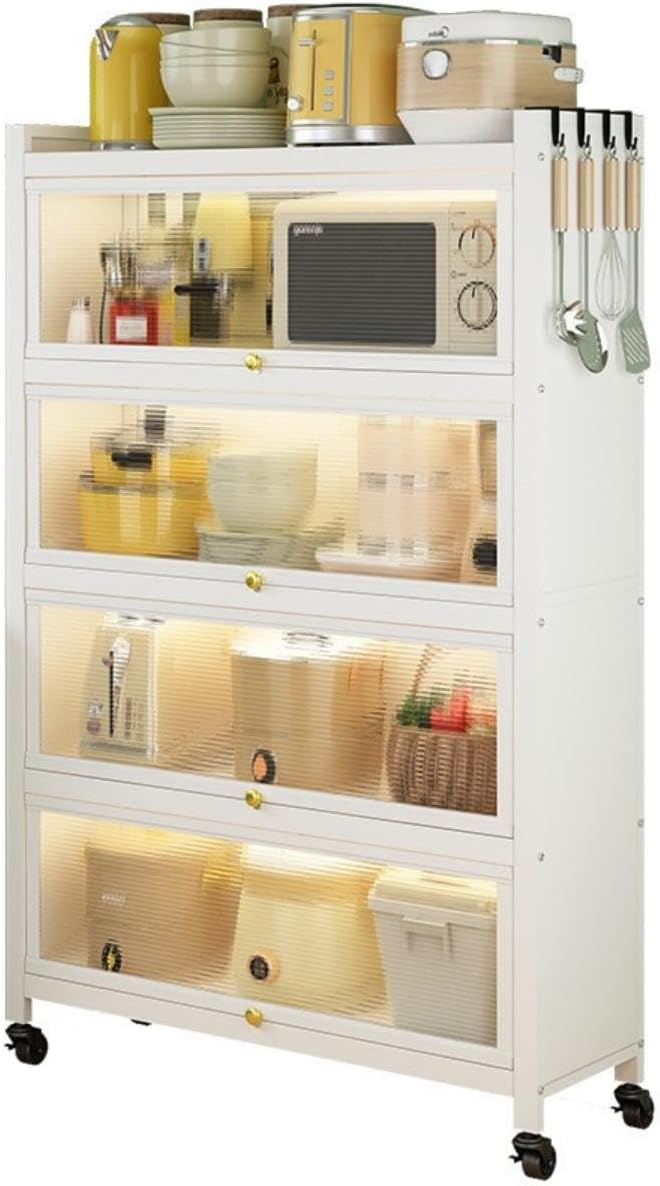 SKY-TOUCH 5 Layer Kitchen Storage Cabinets with Locking Wheels, Metal Cabinet with 4 Visual Drawer Doors Large Storage Space, for Kitchen>Home>Office - 144x80x32cm, White