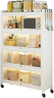 SKY-TOUCH 5-Tier Storage Cabinet : Heavy Metal Shelf with 4 Door Bookshelf Bookcase with 4 Wheels Storage Rack Organizer Workstation for Kitchen Home Office Pantry Study (White 144 * 80 * 32cm)