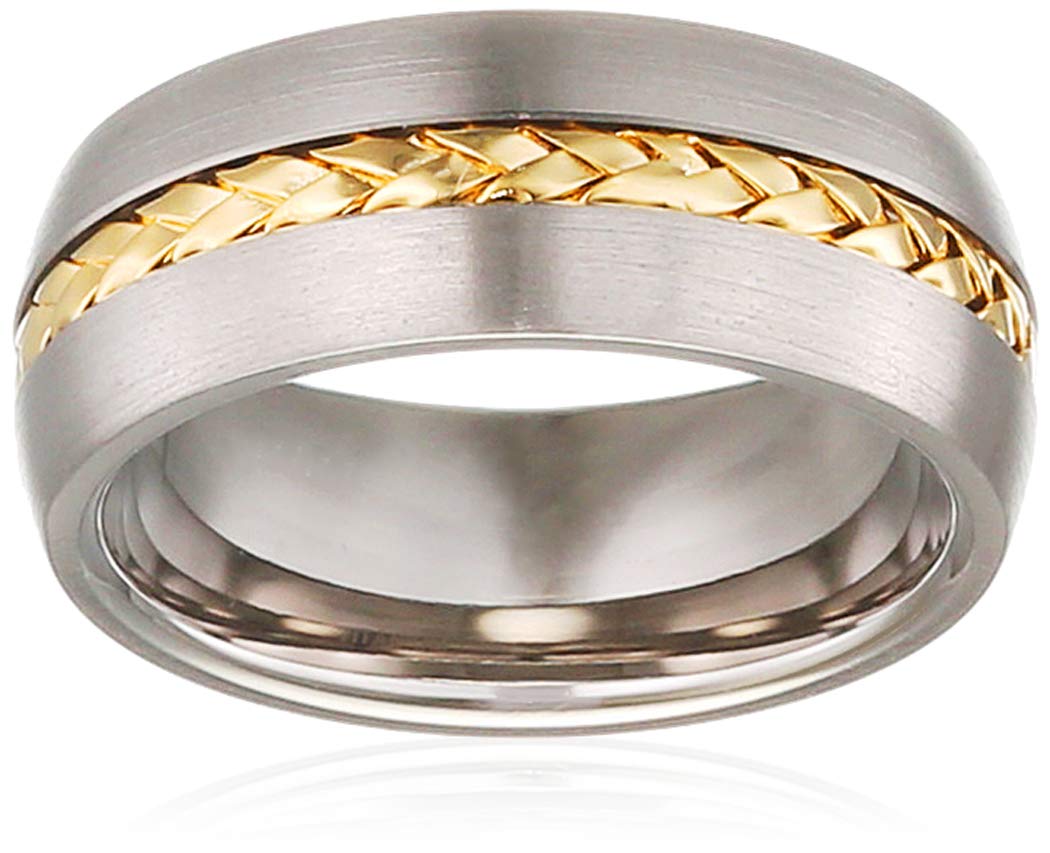 Theia Theia Anillo Titanio con Incrustación Torcida de Oro Amarillo de 9k, Forma de Corte Plano de 8 mm
