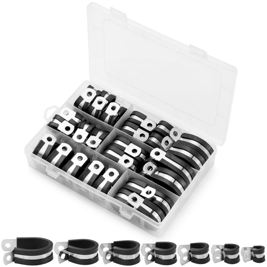 Set di 60 fascette stringicavo in acciaio inox con cuscinetto in gomma, misure assortite da 1/4 a 1, tubo, tubo flessibile e fascette stringicavo