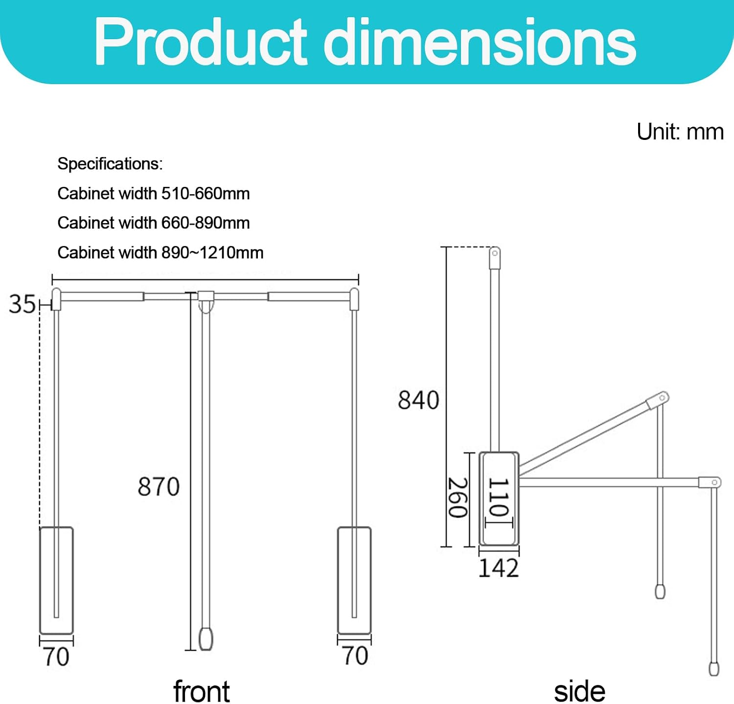 Pull Down Closet Rod for High Cabinets, 20-47 Inch Adjustable Closet Rod for Hanging, Soft-Close, Side & Back Mounted, 27.5 lbs Capacity (890~1210mm)