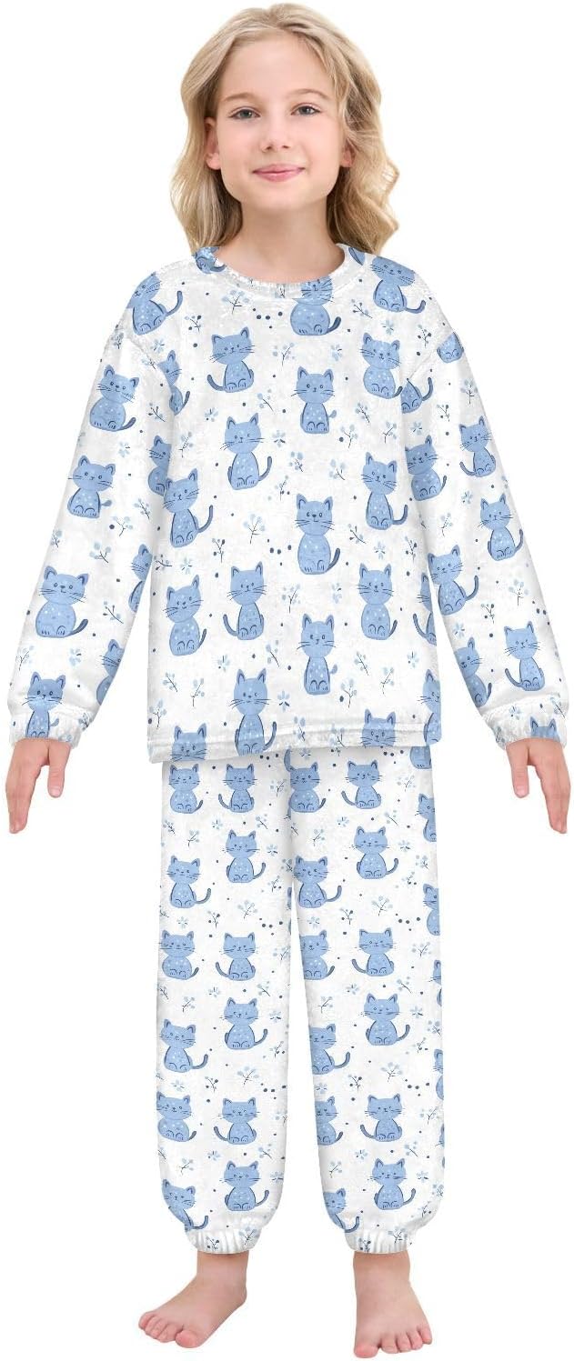 Blue Cartoon Cat Plush Pajama Sets Soft Flannel Fleece Sleepwear