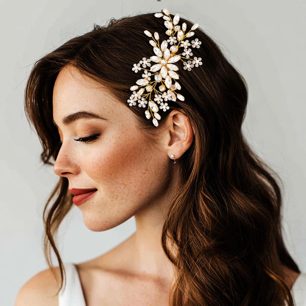 Catery Flower Crystal Bride Wedding Hair Comb Hair Accessories with Pearl Bridal Side Combs Headpiece for Women (Gold) - Image 6