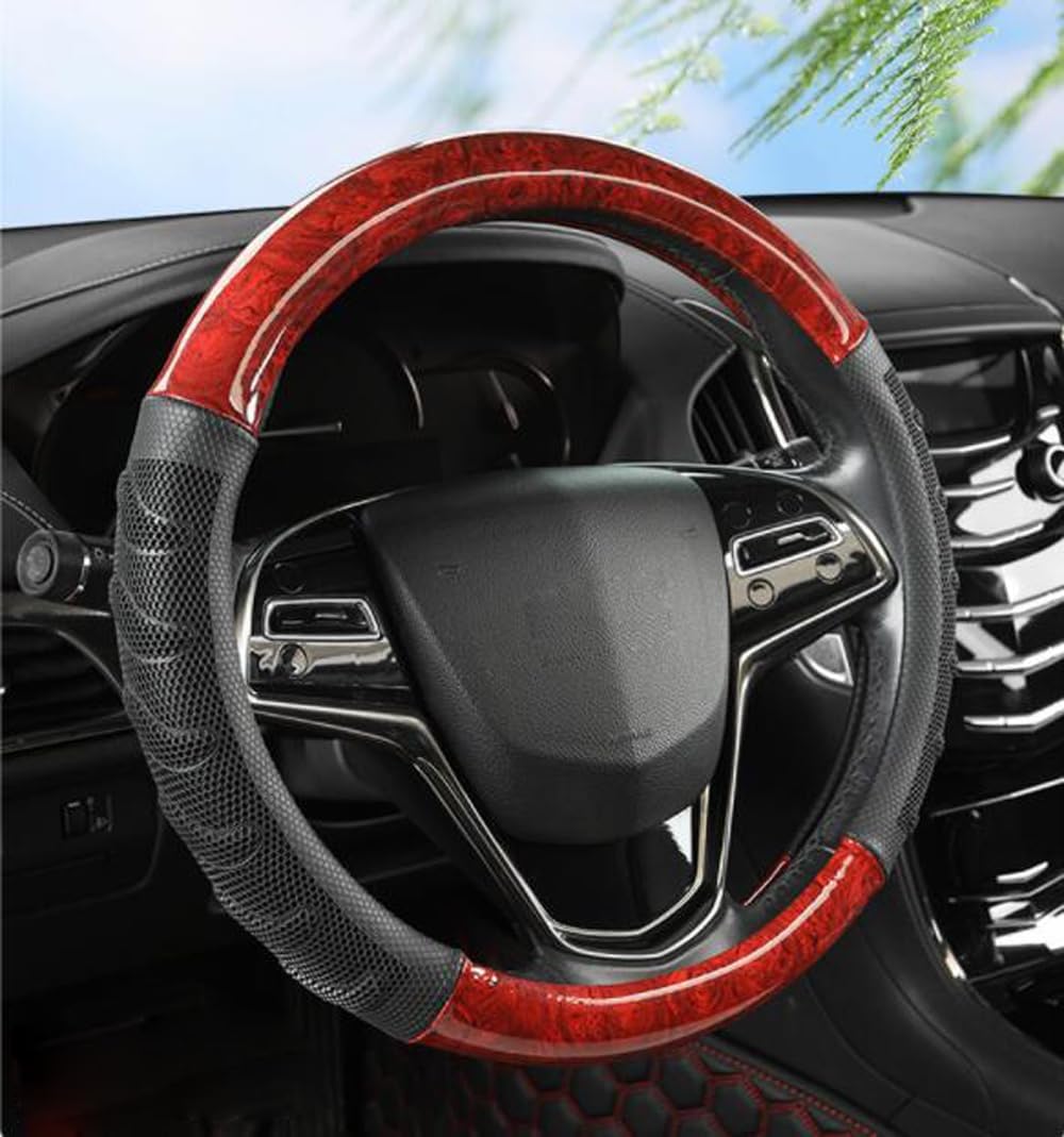 Luxury Car Steering Wheel Cover Wood Grain Leather Four Seasons Universal 15 Inch Comfortable Grip for Men Women (Black)