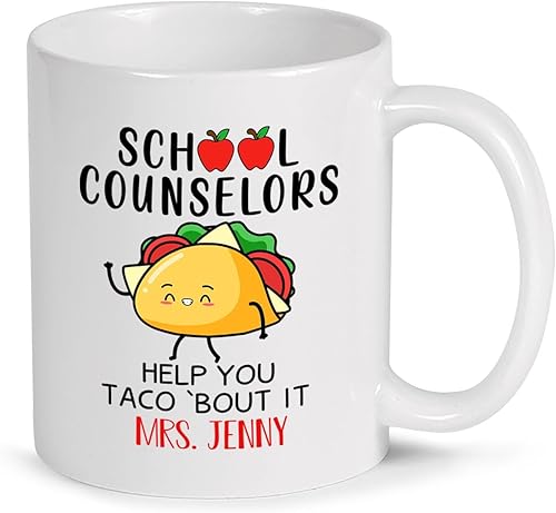 School Counselors Help You Taco About It, taza de café personalizada con nombre para consejero escolar, taza de cerámica para consejero escolar,
