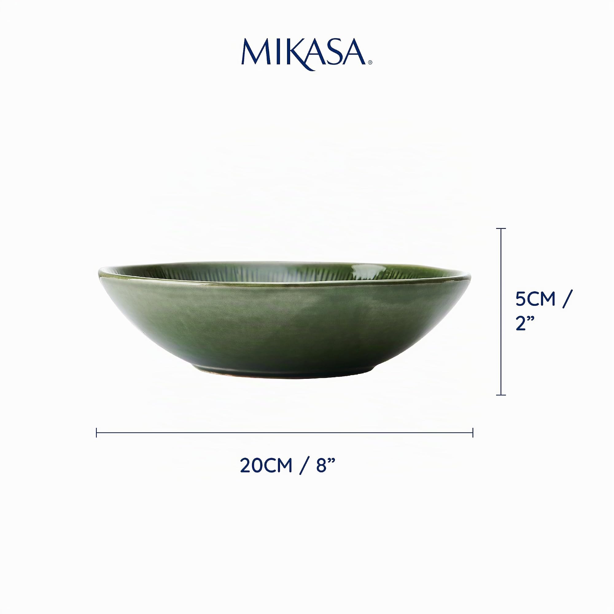 Mikasa Jardin Ensemble de bols 4 pièces, 4x bols en grès émaillé, design botanique vert, bols à pâtes, 20cm - lavable au lave-vaisselle et empilable