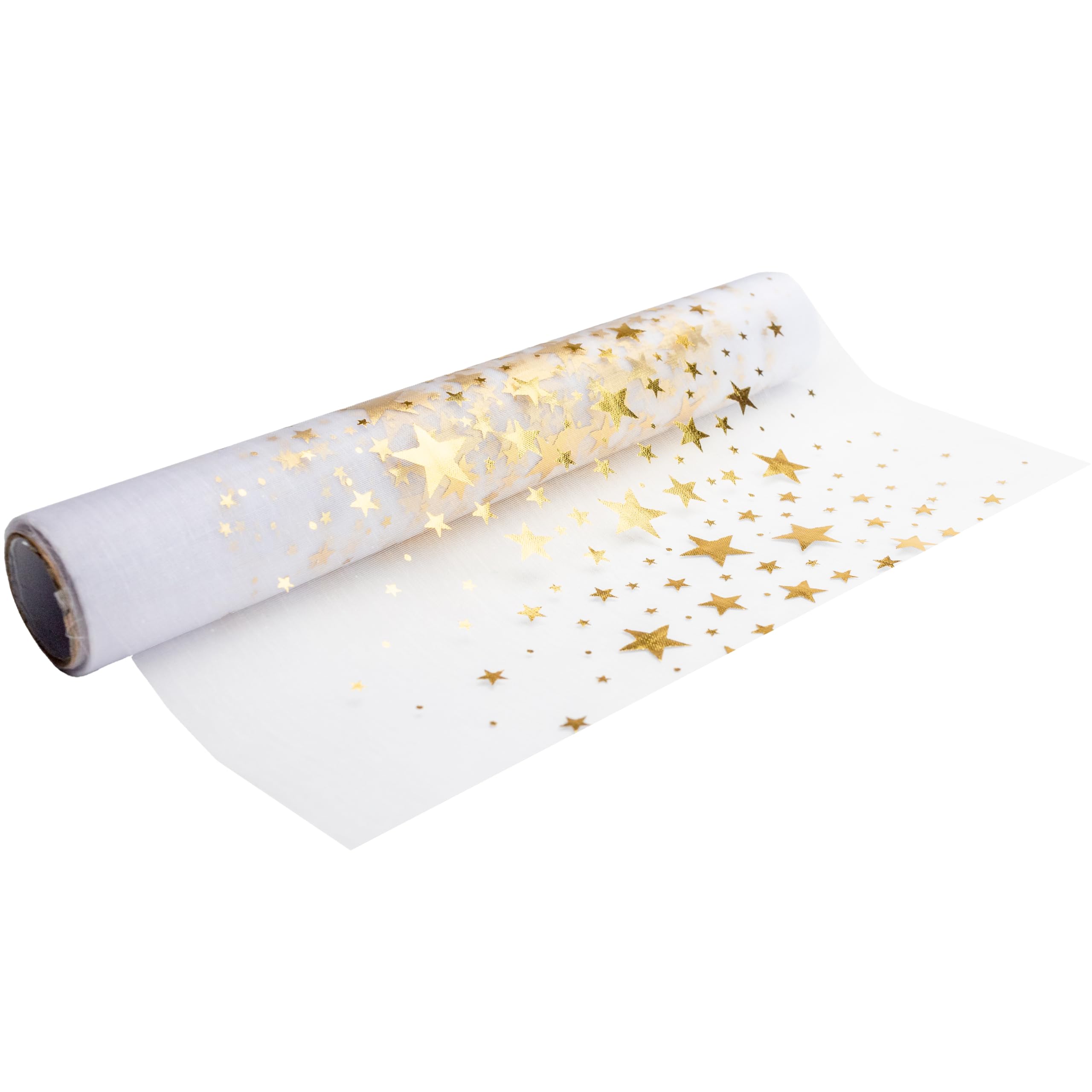100%Mosel Camino de Mesa Estrellas, Dorado/metálico (28 cm x 5 m), Mantel de Organza, Elegante decoración de Mesa para Navidad y Adviento