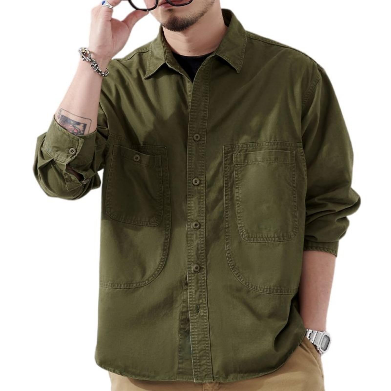 Camisa de trabajo de algodón para hombre, estilo vintage japonés, manga larga, corte relajado, para el día a día
