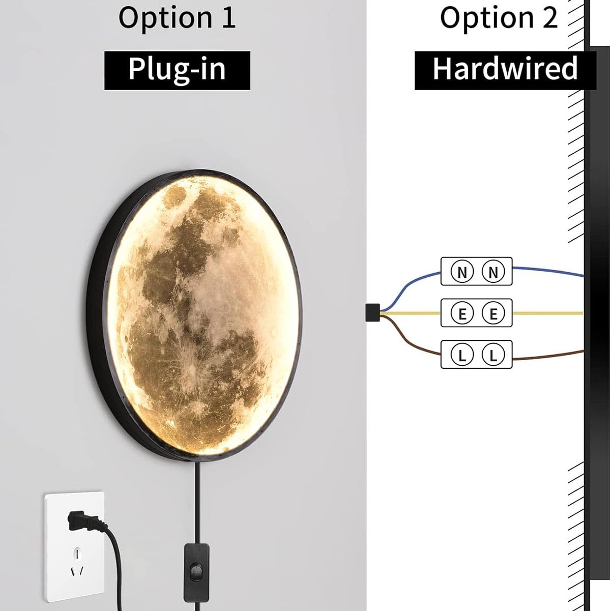 Lampa Ścienna LED Moon z Pilotem Ściemnialna Okrągła Lampka Księżycowa Ścienna z Przełącznikiem i Wtyczką Kablową Lampa Ścienna Wewnętrzne Dekoracyjne Oświetlenie Ścienne 3D Lampa Nocna,24CM