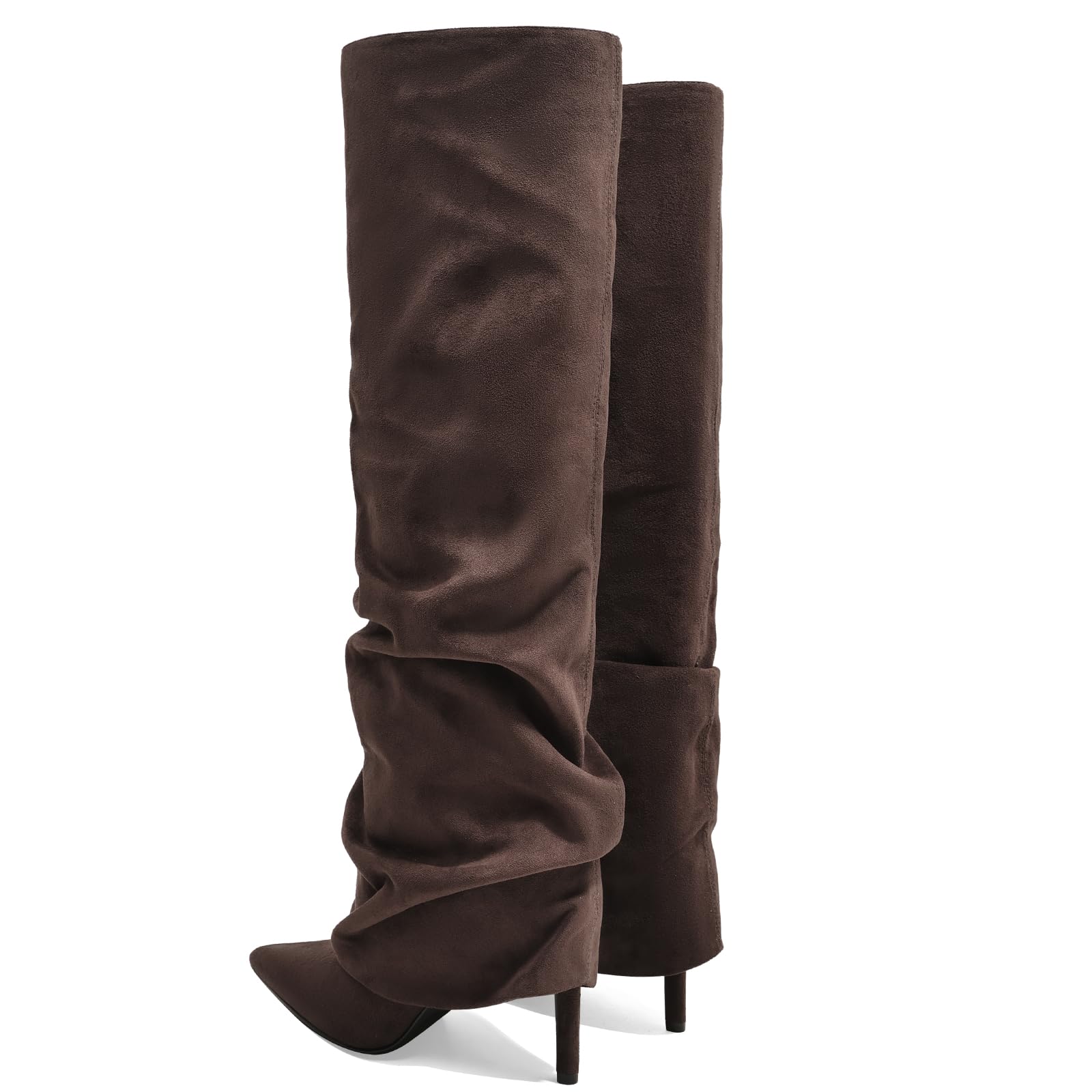 Women's Knee High Boots Fold Over High Heel Pointed Toe Black White Long Boots Women Dress Tall Boots for Women: 8.5 Brown-suede