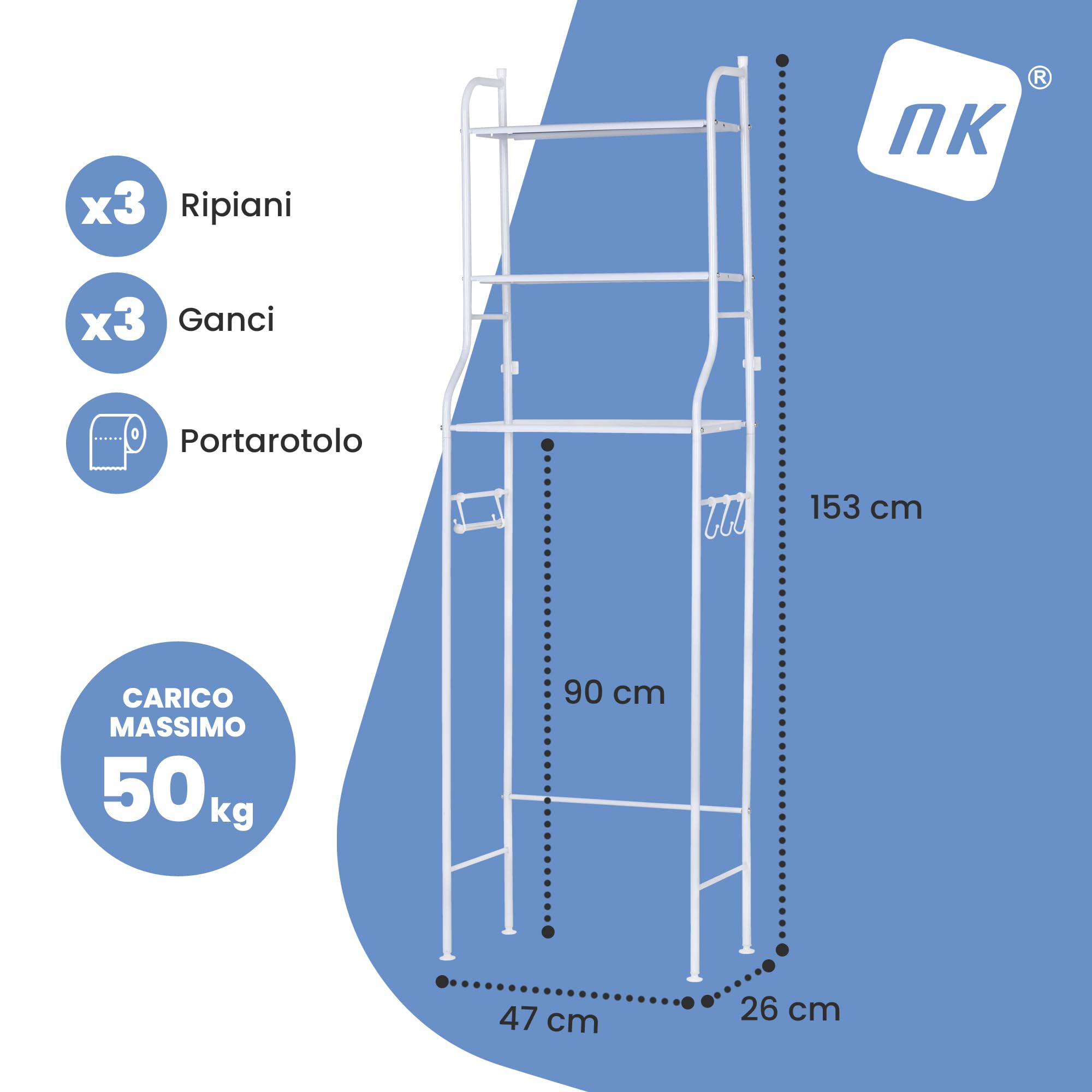 NK Scaffale Da Bagno Sopra WC – 153×47×26 Cm, 3 Ripiani Superiori, Portarotolo, 3 Ganci, Piedini Antiscivolo, Ferro + PP, Bianco, Montaggio Facile