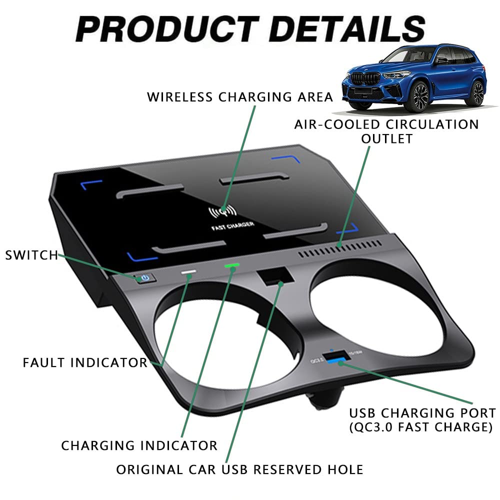Cargador Inalámbrico Coche para BMW X5 X5M X6 X6M 2019-2022, 15W Qi Wireless Carga Rápida Auto Teléfono Cargador para BMW G05 G06 Consola Central Accesorios (Admite Coche Original sin NFC)