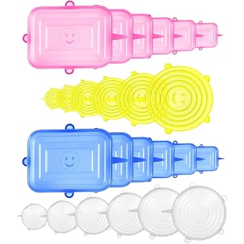 Pack of 24 Stretchy Silicone Lids Stretchy Silicone Cover in Various Sizes Stretch Universal Lid Set Reusable Silicone Lids for Bowls Cups Cans Cups Fruit