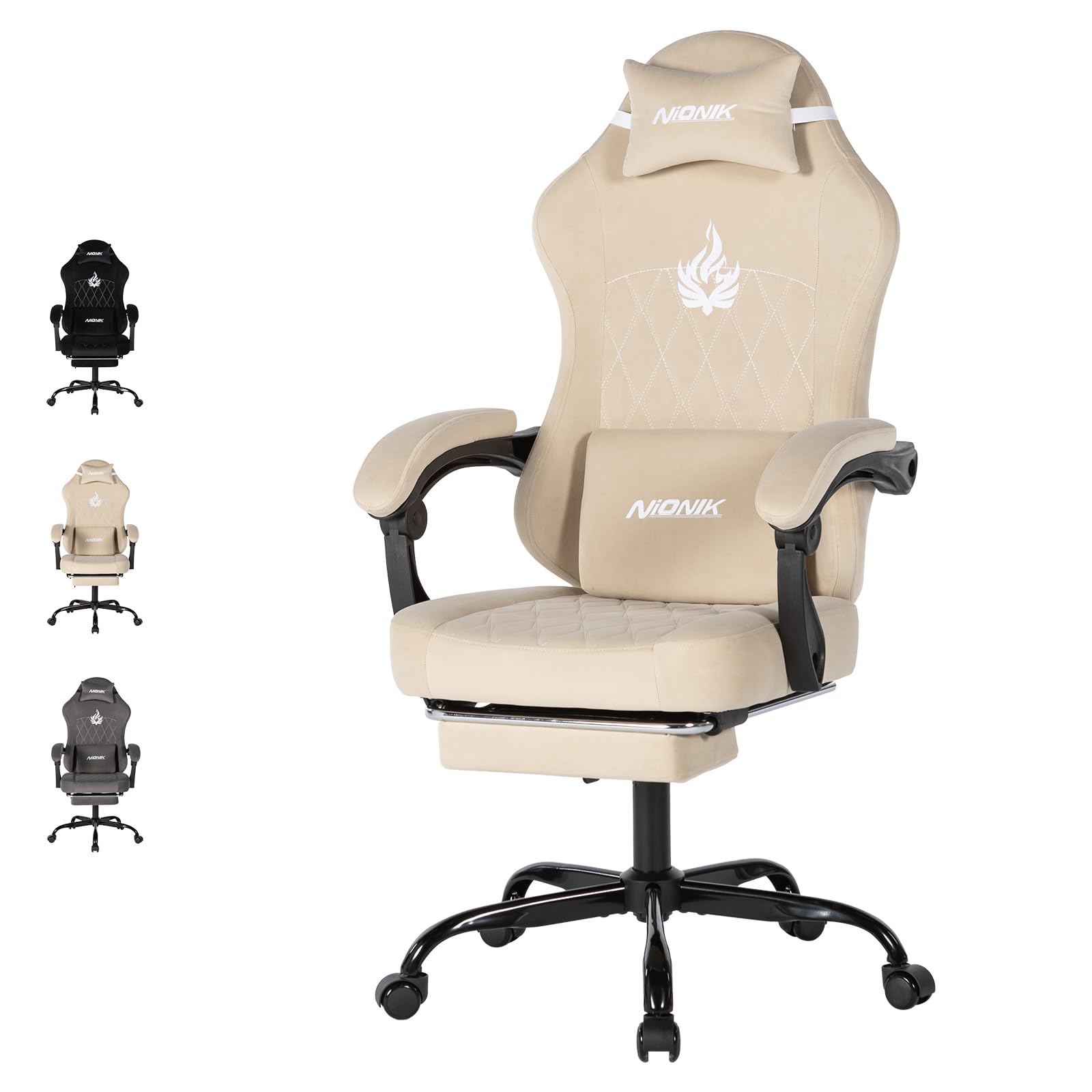 NIONIK Massage Gaming Chair with Footrest, Ergonomic Office Chair with Lumbar Support and Headrest, Breathable Fabric Adjustable Height Computer Seat for Home Office, Beige — image 1