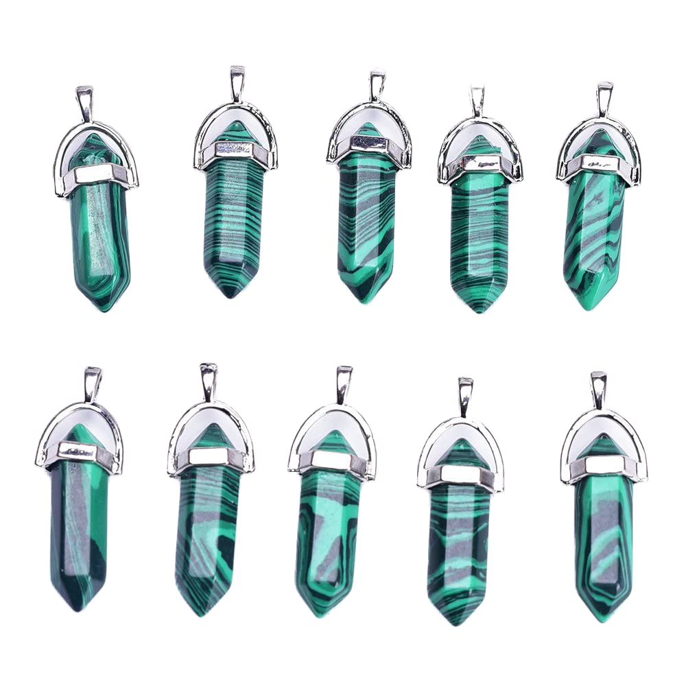 Asingeloo Wholesale Genuine Quartz Stone Healing Point Reiki Chakra Pendants Charms Bulk for Jewelry Making (P180303-10PCS-Malachite)